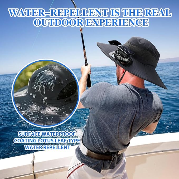 Men's Wide Brim Solar Fan Outdoor Fishing Hat in Grey - includes 2 Solar Fans, Medium, Black
