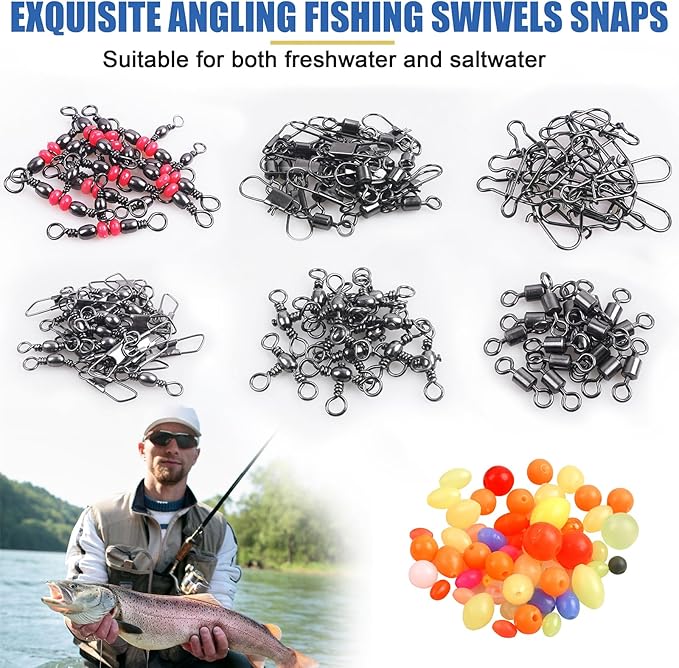 140pcs Fishing Swivels Tackle Kit, Include Ball Bearing Barrel Swivels, 3 Way Swivels, Fishing Swivels with Snaps, High Strength Swivels Fishing Tackle Box for Bass Trout Freshwater Saltwater