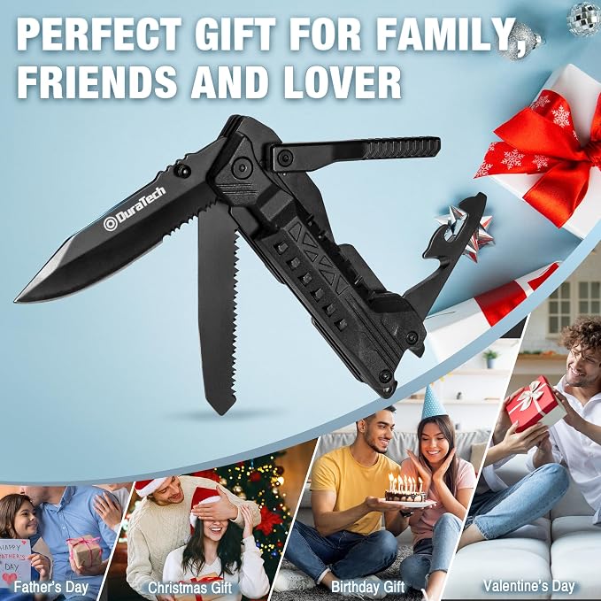 DURATECH 20 in 1 Multitool with Safety Locking, Gift for Men Dad, with Pocket Knife, Screwdriver, Saw, Can Opener, Bottle Opener, Whistle, Fire Starting Sticks, Multi Tool for Outdoor, Hunting, Hiking