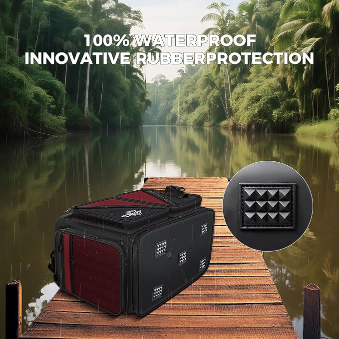 Handor Waterproof Fishing Tackle Bag, Large Saltwater Resistant Storage, 1000D PVC Material, Holds 3600 3700 Trays (Black and Red, Medium Bag)
