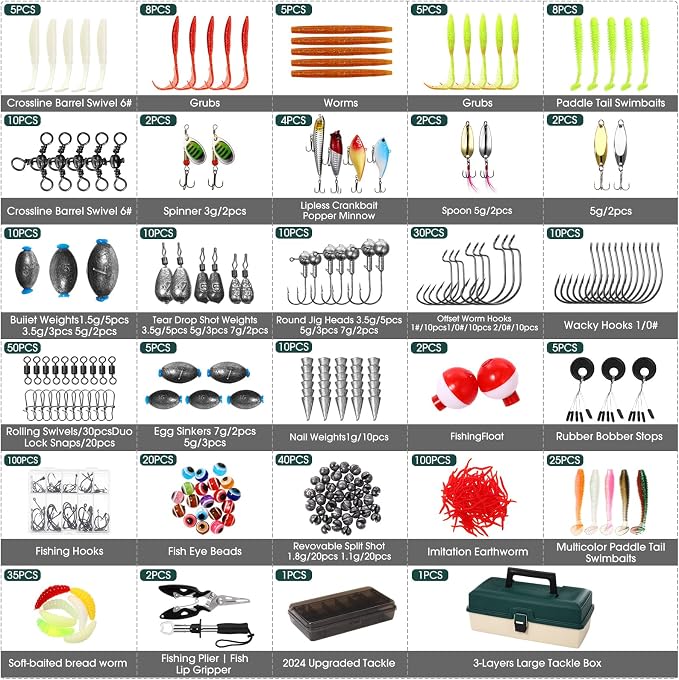 517 Pcs Father's Day Large 3 Layers Tackle Box with Tackle Fishing Lures Kit Included Pliers, Fish Lip Gripper, Crankbait, Hooks, Other Accessories Fishing Kit for Men Gifts(Dark Green Milky White)