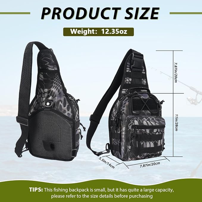 Fishing Backpack Small Fishing Tackle Storage Bag with 3 Methods of Carrying Large Capacity Sling Backpack for Outdoor Hiking Travel Hunting (Pythonskin Black)