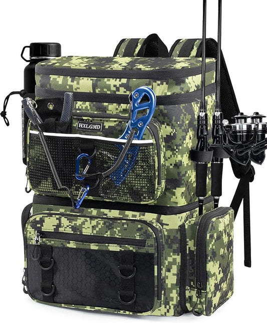 HXLGMD Fishing Backpack with Rod Holders, Double Layer Large Water-resistant Tackle Bag Store Gear with Cooler, Green