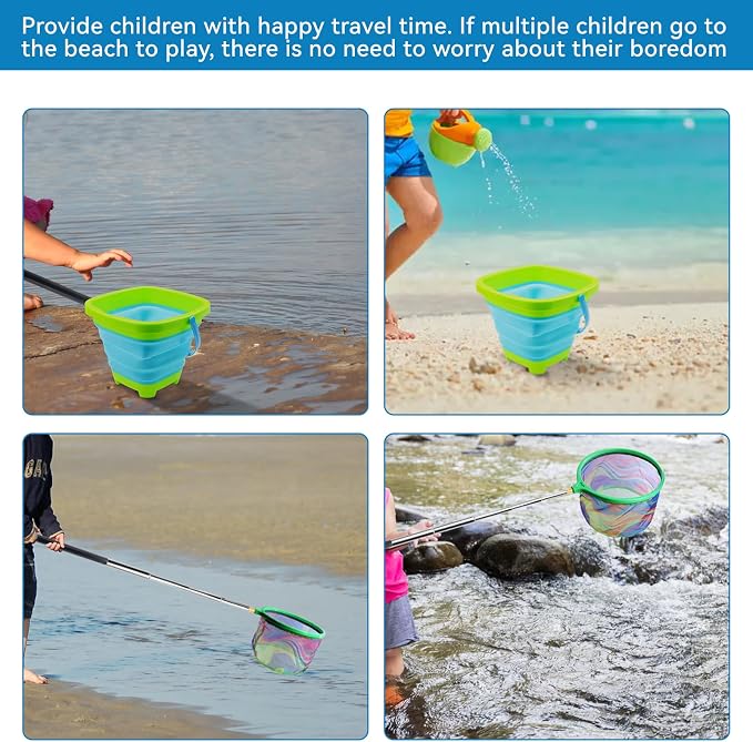 2PCS Fishing Net with Bucket, Telescopic Fishing Landing Net, Collapsible Youth Sand Bucket, Youth Fish Butterfly Catching for Freshwater Saltwater Outdoor Activities