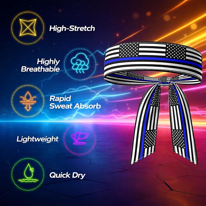 Tie Headband for Women & Men, Flag Patterned Sports Sweatband Head Wrap, Hair Bandana Accessory, 40" x 2.4"