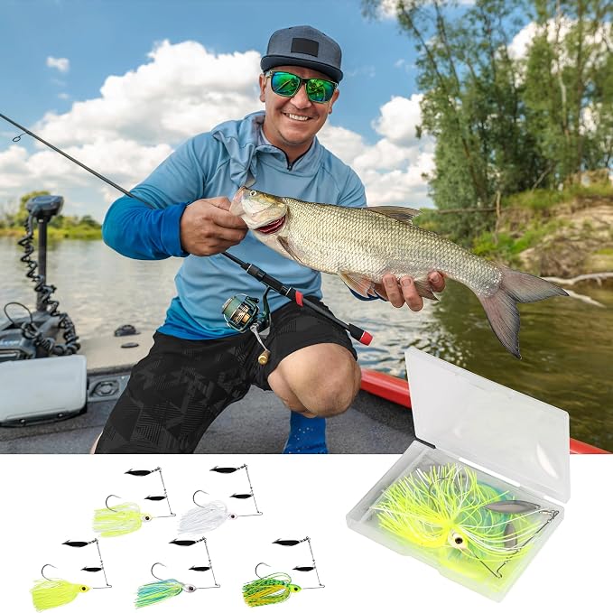 5 Pcs Bass Spinner Baits, Fishing Lures with Skirt, Metal Blade Spinnerbait for Trout, Salmon, Pike, and Predatory Fish