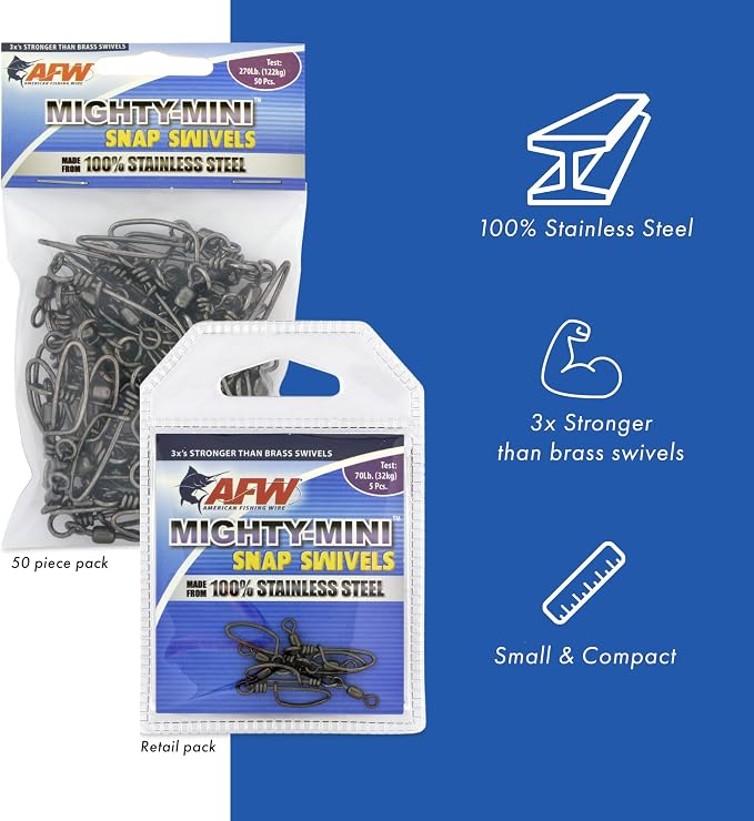 American Fishing Wire Fishing Swivels - Mighty Mini 100% Stainless Steel Snap Crane Swivels, 3X Stronger Than Brass, For Terminal Tackle Box, Up to 600lb Test - Fishing Gear for Fishing Line Leaders