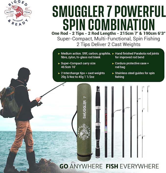 Rigged and Ready Smuggler Series™ Travel Fishing Rods. Super Compact, 1 Spinning Rod and Reel Combo, 4 Spin, 1 Casting Rod + Cases. 2, 3 or 4 Tips. Spin and General Freshwater - Saltwater Fishing