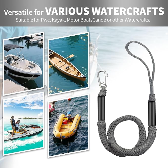 Bungee Dock Line with Stainless Steel Clip – Boat Dock Rope with Foam Float for Kayak, Canoe, Pontoon, Watercraft, SeaDoo, Docking – 4–5.5 ft, 2 Pack（Grey）