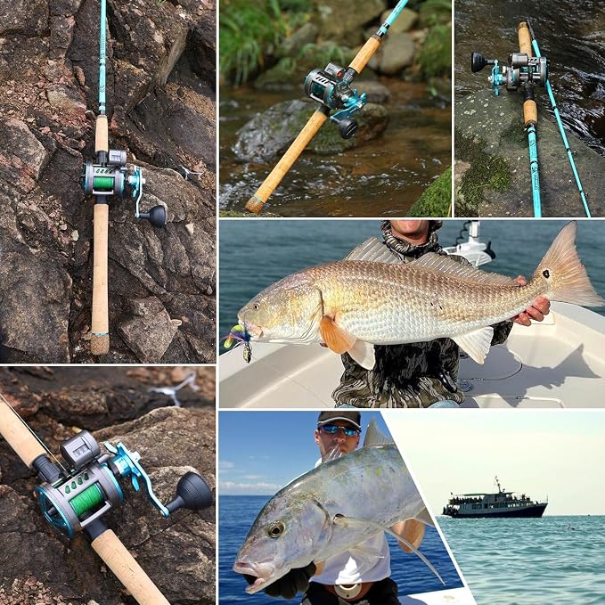 Sougayilang Inshore Fishing Rod Combo with Line Counter Fishing Reel Suitable for Catfish, Salmon/Steelhead, Striper Bass Fishing