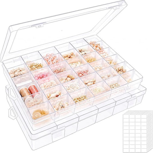 2 Pack Clear Bead Organizer Tackle Box with Adjustable Dividers for Jewelry Art Craft Containers 36 Grids Compartment with 5 Sheets Label Stickers