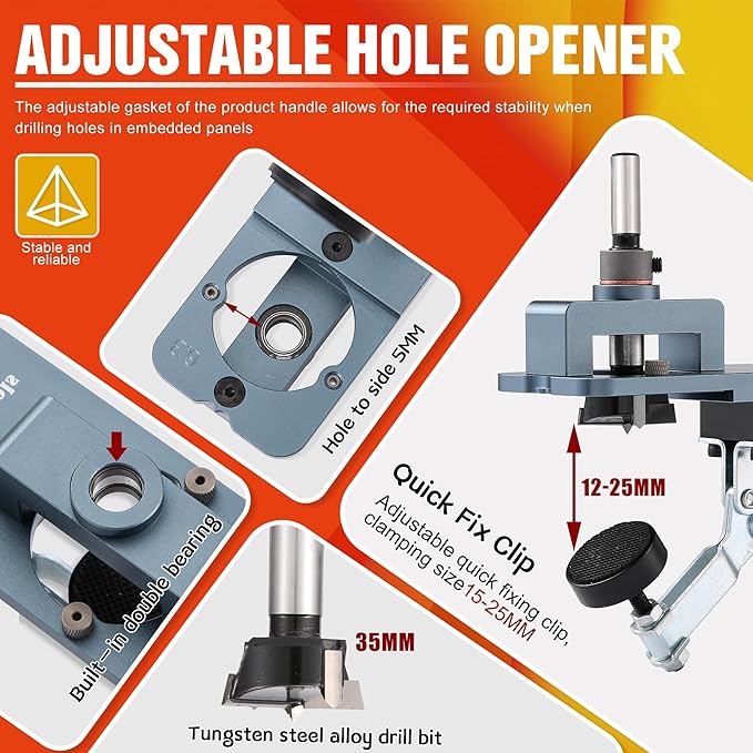 Metal Concealed Hinge Jig, 35MM Cabinet Hinge Jig Drilling Hole Puncher with Quick Clamp， Accurate Hinge Drill Jig Woodworking Tool for Doors Cabinets Hinges Mounting (Gray)