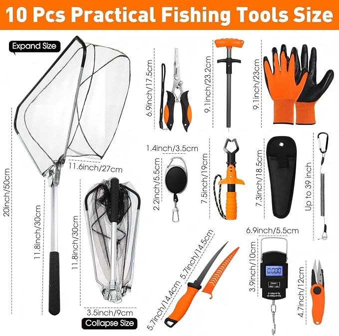 RoundFunny 10 Pcs Fishing Tool Kit, Fishing Pliers with Lanyard and Protective Sheaths, Landing Net, Fillet Knife, Fish Scale, Gripper, Hook Remover, Braid Scissors, Gloves for Men Dad Gift