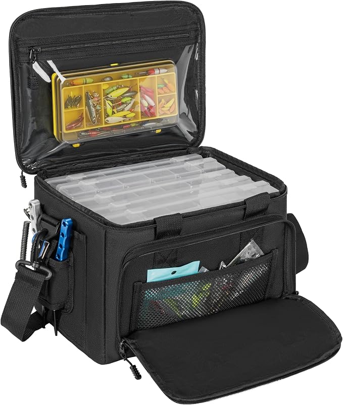 20L Fishing Tackle Bag Empty, Fits 3400-3600 & 4007 Lure Boxes, Water Resistant Fishing Gear Storage Bag, Portable Padded Shoulder Strap Bag for Saltwater Freshwater, Black