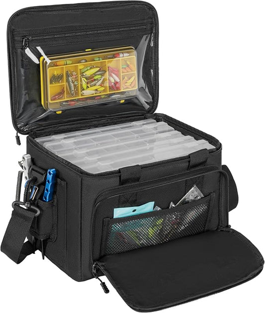 20L Fishing Tackle Bag Empty, Fits 3400-3600 & 4007 Lure Boxes, Water Resistant Fishing Gear Storage Bag, Portable Padded Shoulder Strap Bag for Saltwater Freshwater, Black
