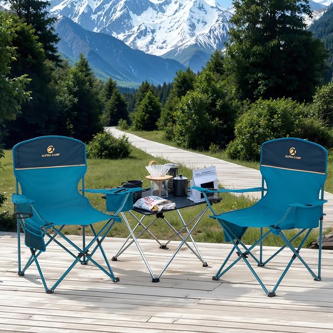 LET'S CAMP Camping Chair 2 Pack Folding Chair with 4-Can Cooler Bag Portable Lawn Chair with Cup Holder,Storage Pocket, Supports 250LBS, Collapsible Chair for Camp, Beach, Picnic (Blue)