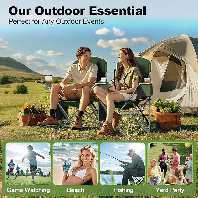 VTOY Folding Camping Chairs Durable 600D Oxford, Portable Outdoor Chair with Cooler Pouch, Cup Holder & Storage Pocket for Camping, Beach, Fishing
