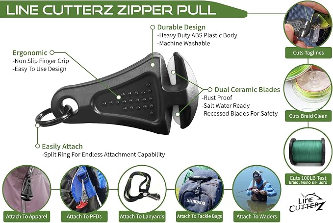 LINE CUTTERZ Patented Ceramic Blade Zipper Pull Quick Braided Fishing Line Cutter - Fishing Equipment - Upgrade Your Fishing Gear Now