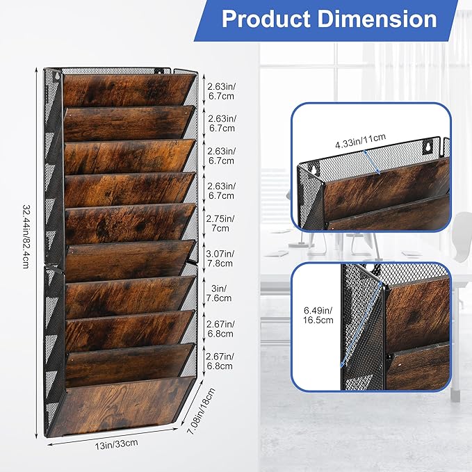 TQVAI 10-Pocket Hanging Wall File Organizer - Metal Folding Wall Mounted Mail Document Holder, Multi-Purpose Clipboard Storage Rack for Office, Homeschool, Classroom Organization, Black/Vintage