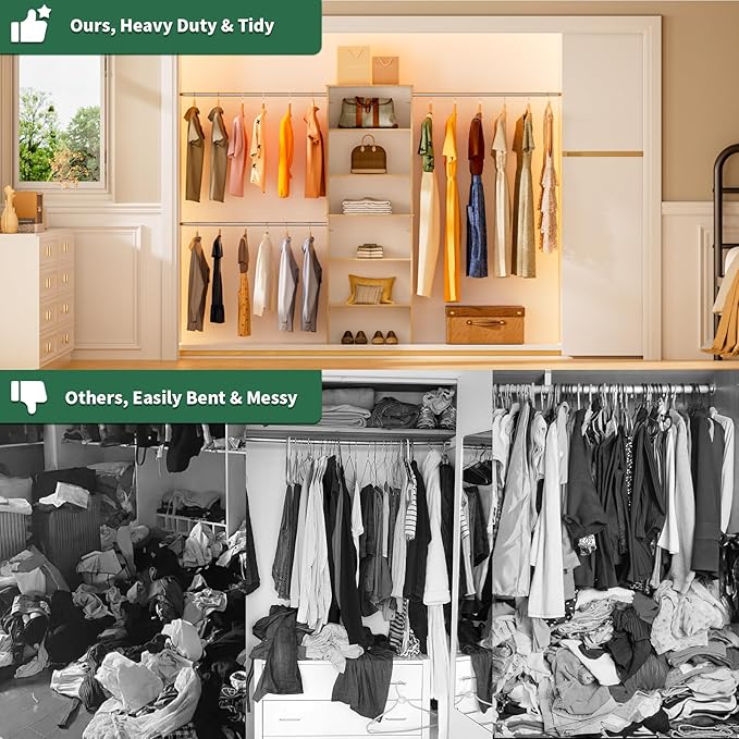 ROOMTEC Closet System, 25.5" Wide Wall-Mounted Closet Organizer Kit with Wood Storage Tower and 3 Hanging Rods, Wardrobe Closet System for Walk-In Closets, Wood