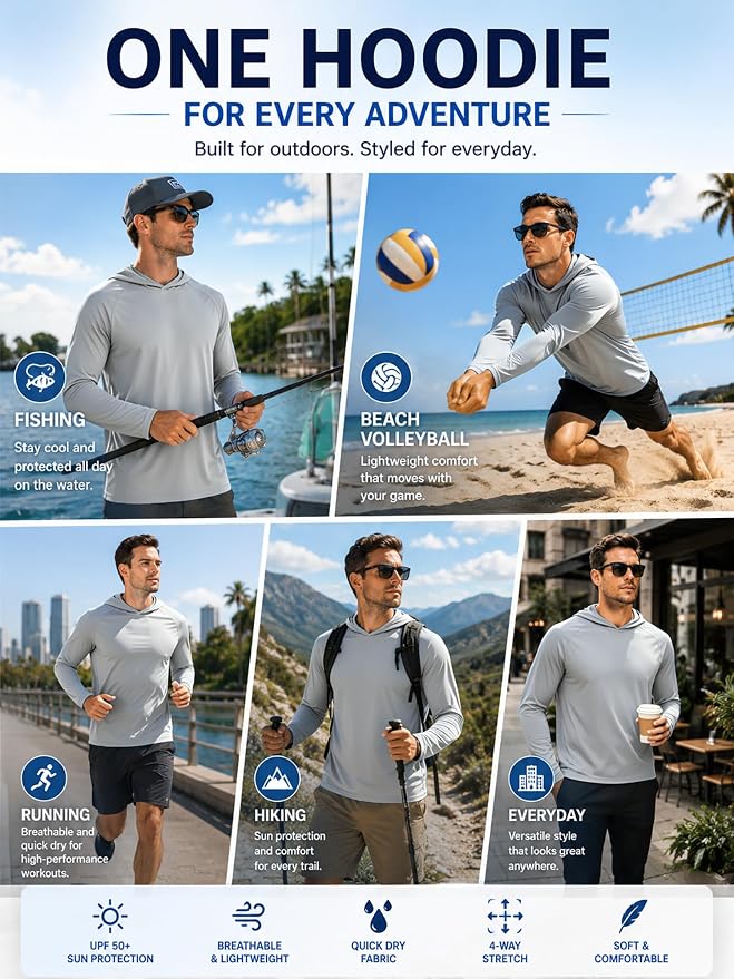 ZITY 3 Pack Men's Sun Protection Hoodie Shirt Fishing Shirts for Men UPF 50+ Long Sleeve Shirt Lightweight Rash Guard