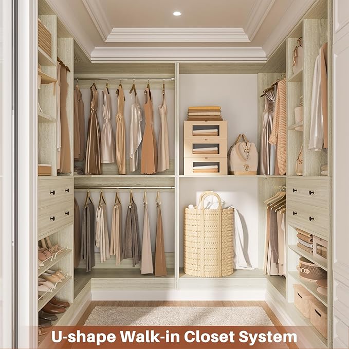 Closet System with 4 Drawers & Corner Tower, Closet Organizer System with 4 Hanging Robs, Reversible U Shaped Walk-in Closet System, Load 2600+LBS Capacity, Set of 4, Greige Oak