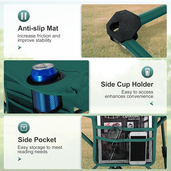 LET'S CAMP Camping Chair 2 Pack Folding Chair with 4-Can Cooler Bag Portable Lawn Chair with Cup Holder,Storage Pocket, Supports 250LBS, Collapsible Chair for Camp, Beach, Picnic (Green)
