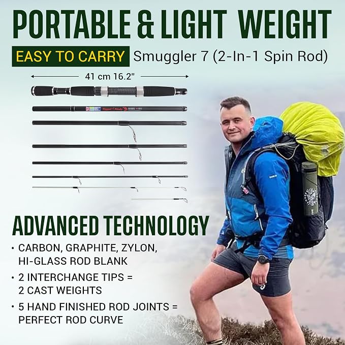 Rigged and Ready Smuggler Series™ Travel Fishing Rods. Super Compact, 1 Spinning Rod and Reel Combo, 4 Spin, 1 Casting Rod + Cases. 2, 3 or 4 Tips. Spin and General Freshwater - Saltwater Fishing