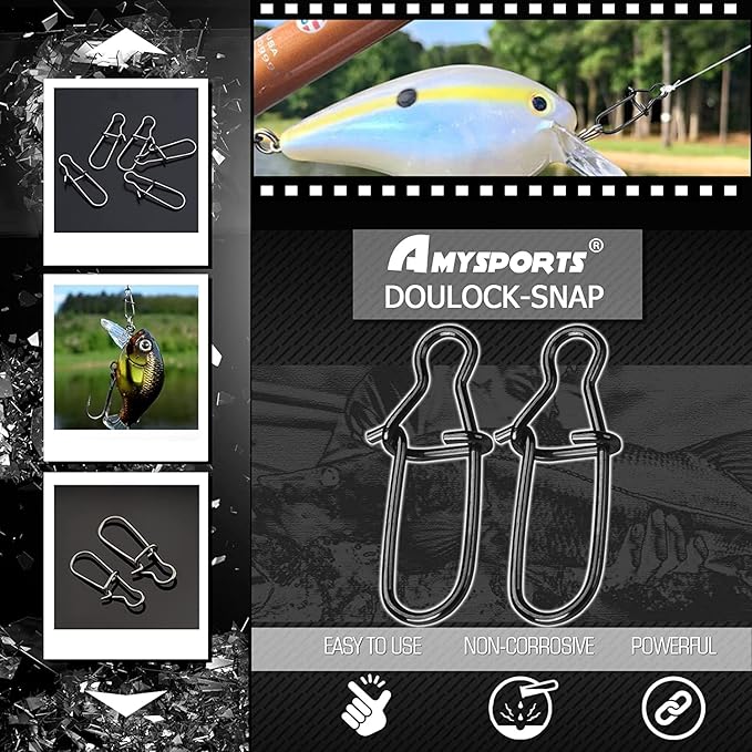 AMYSPORTS High Strength Fishing Snap Clip Duo Lock Snap Swivel Stainless Quick Change Fishing Snaps Solid Black Nickel 26lb-220lb