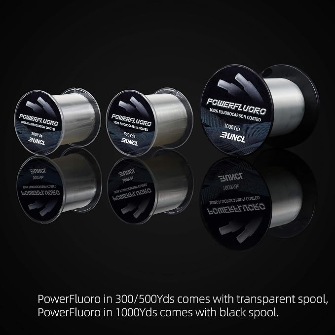 RUNCL Fluorocarbon Fishing Line, PowerFluoro Clear Ice Fishing Leader Line - Virtually Invisible, Faster Sinking, Extra Sensitivity, 300/500/1000yds, 5-32lb Break Strength, Fishing Gifts