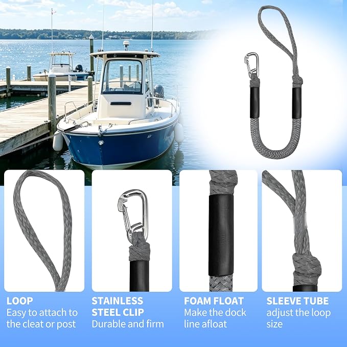 3FT Boat Dock Line Shock Absorbing Mooring Bungee Dock Lines for Boats Accessories Ideal for Jet Ski, SeaDoo, Kayak, Pontoon, Power Boat 2PCS (Grey, 3FT-Single Clips)