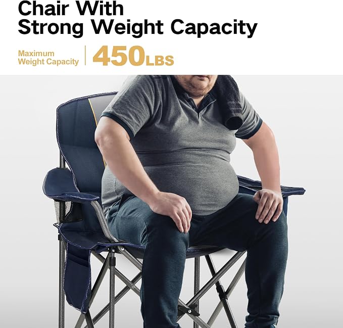 ALPHA CAMP Heavy Duty Camping Chair 500LBS Capacity, Oversized Folding Chair for Heavy People, Padded Portable Outdoor Chair with Cooler Bag & Cup Holder for Camping, Fishing, Beach