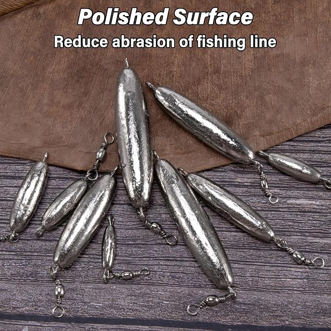 Dr.Fish 10 Pack in-line Trolling Sinkers with Swivel Torpedo Weight Lead Fishing Sinkers Double Ring Saltwater Freshwater Salmon Walleye Trolling