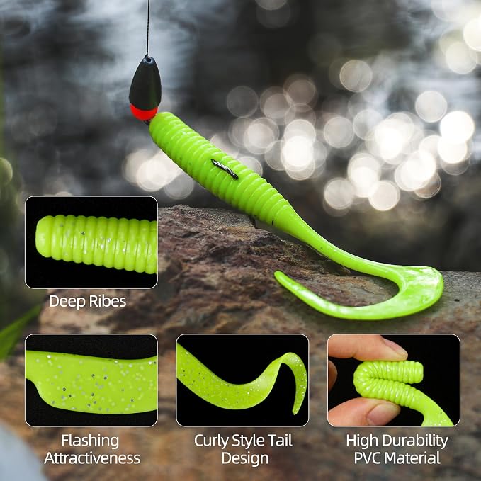 Curly Style Tail Worms Fishing Lures – Realistic Wavy Tail Soft Bait Grub Swimbaits for Saltwater & Freshwater Fishing, Available in 4 Inch & 6 Inch, Perfect for Bass, Trout, Crappie, & More