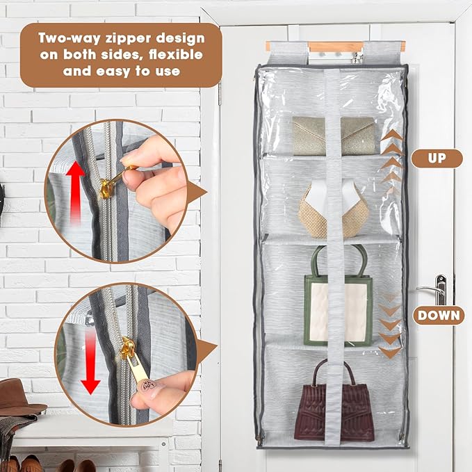 Silkfly 2 Pack Hanging Purse Organizer for Closet Clear Handbag Storage Hanger with Zipper Holder over The Door Wardrobe Tote Bag Storage Holder for Bedrooms Living Room(Gray)