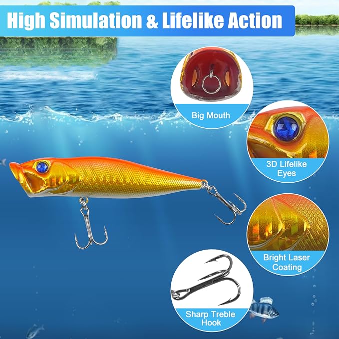 OROOTL Fishing Popper Lures, 8pcs Topwater Fishing Lures Hard Baits Lifelike Swimbait with Treble Hook Poppers for Bass Trout Walleye Pike Panfish Freshwater Saltwater