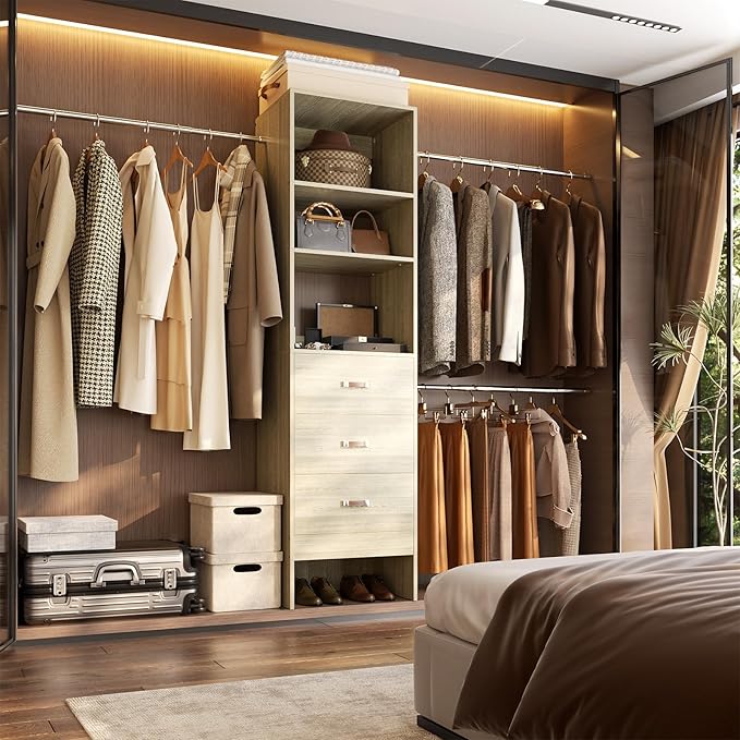 96'' Closet Organizer System with 3 Hanging Rods, 8FT Closet Organizers and Storage with 3 Wooden Drawers, Built in Closet Organizer Systems, Adjustable Walk-in Wardrobe from 2-8FT, White Oak
