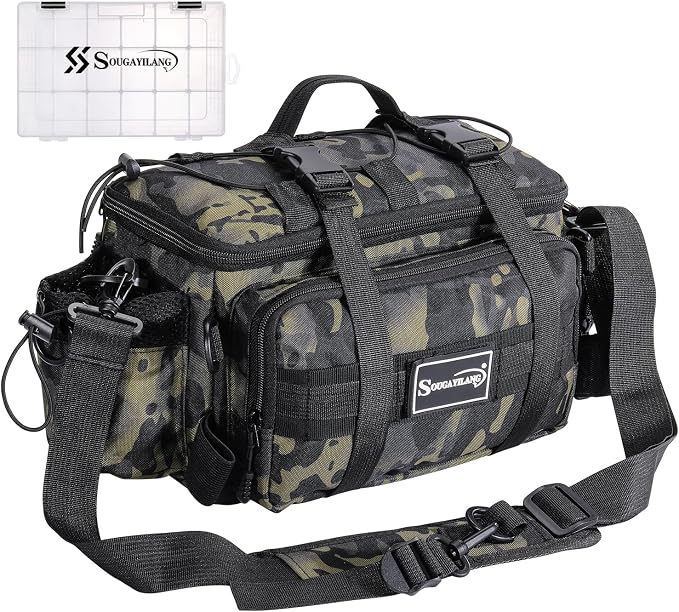 Sougayilang Fishing Tackle Bags with 3600 Tackle Tray - Fishing Tackle Storage Bags for Saltwater or Freshwater Fishing Gear - Padded Shoulder Strap - Tackle Box Bag Fishing Bag(Green)