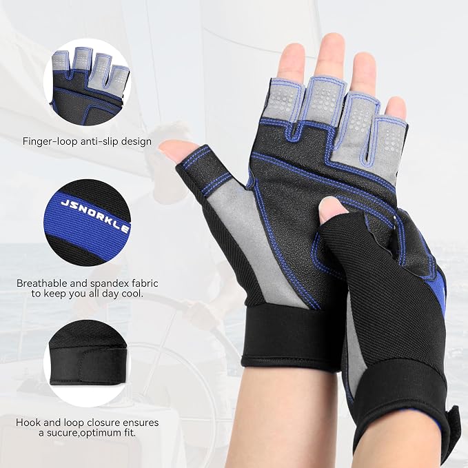 Kayaking Gloves 3/4 Finger Padded Palm Fingerless Gloves for Men Women Youth, with Resistant Palm and Grip, Easy to Take on and Off, for Sailing, Paddling, Kayaking, Fishing, Water Sports