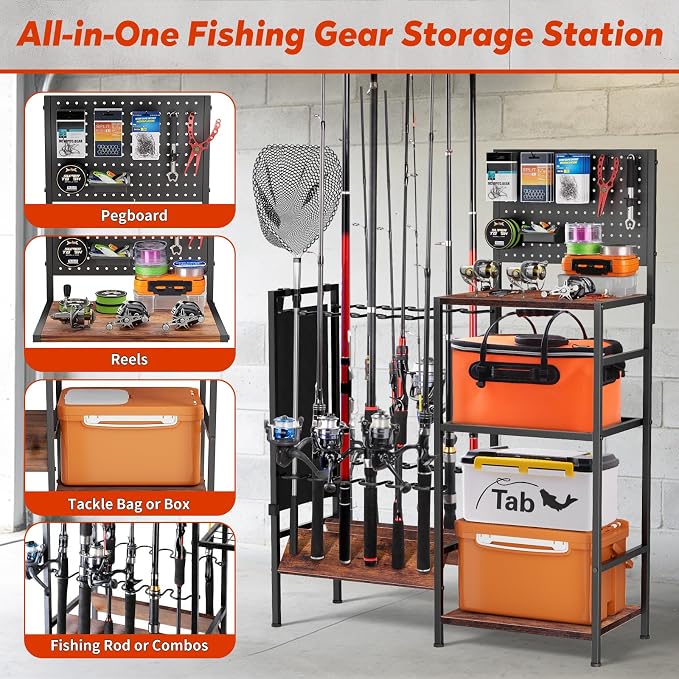 XOOL Fishing Rod Storage Rack for Garage, Holds up to 12 Rods, Heavy Duty Fishing Gear Organizer with Pegboard, 3-Tier Metal Stand with Shelves, Hooks & Accessory Storage