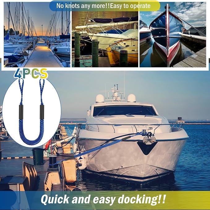 Boat Bungee Dock Lines, Mooring Rope for Docking with Loop, Boat Ropes, Boat Accessories, Quick and Easy Dock for PWC, Kayak, Seadoo, WaveRunner, Pontoon, Bass Boat (Blue*Black)