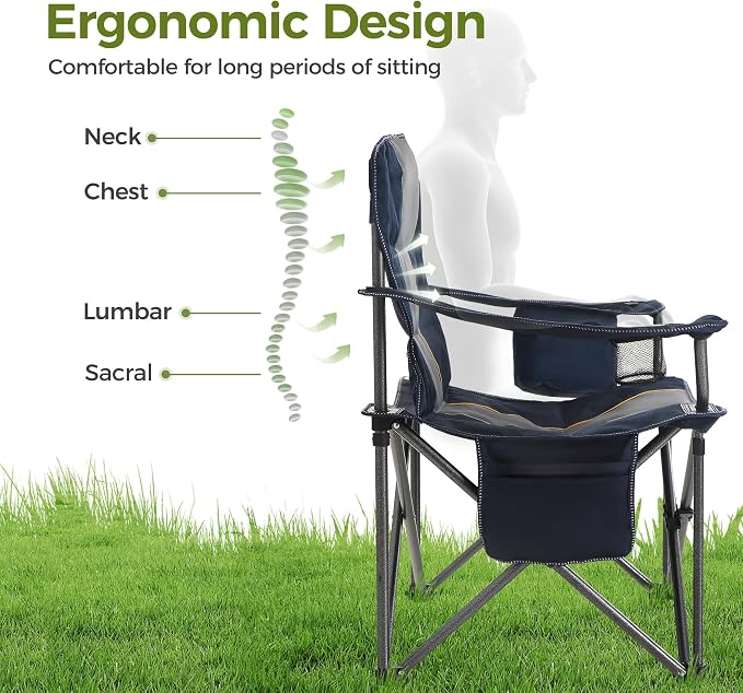 ALPHA CAMP Heavy Duty Camping Chair 500LBS Capacity, Oversized Folding Chair for Heavy People, Padded Portable Outdoor Chair with Cooler Bag & Cup Holder for Camping, Fishing, Beach