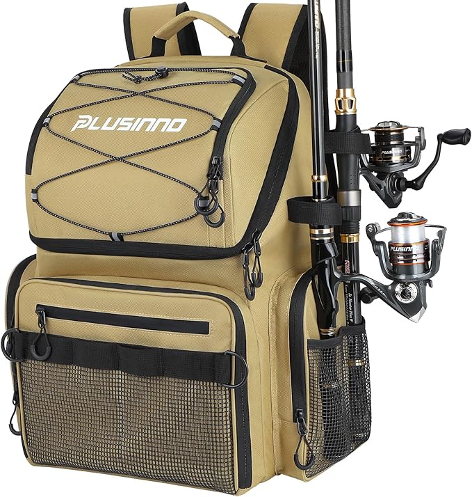 PLUSINNO Cooler Fishing Backpack with Rod Holders 45L Large Water-resistant Fishing Tackle bag Store Fishing Gear Fishing Gifts for Men Father
