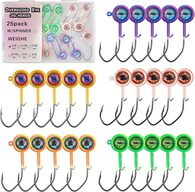 Crappie Jig Heads Fishing Lures Kit, 25pcs Underspin Jig Heads with Spinner Blade Eye Ball Head Painted Crappie Lures Fishing Jigs for Bass, Trout, Panfish, Sunfish