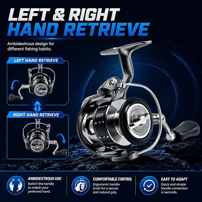 Spinning Fishing Reel, 5+1 Stainless Bearings Lightweight Fishing Reel with CNC Aluminum Spool, 17.6LB Max Drag, Screw-in Handle for Freshwater Saltwater Fishing