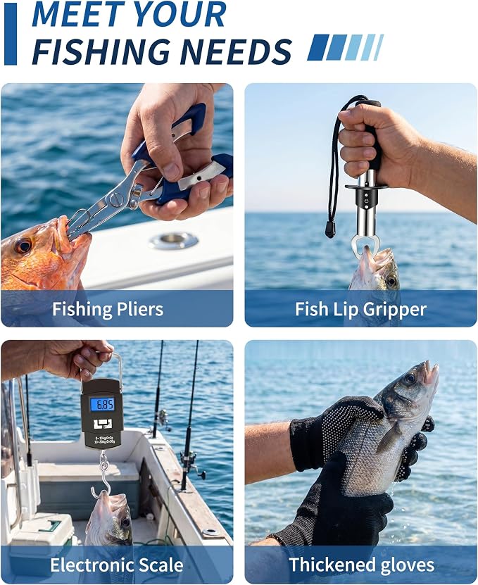 Fishing Tool Kit - Fishing Pliers, Hook Remover, Fish Gripper，Fish Scale, Fish Knife, Saltwater Fishing Gear with Sharpeners, Best Gifts for Men
