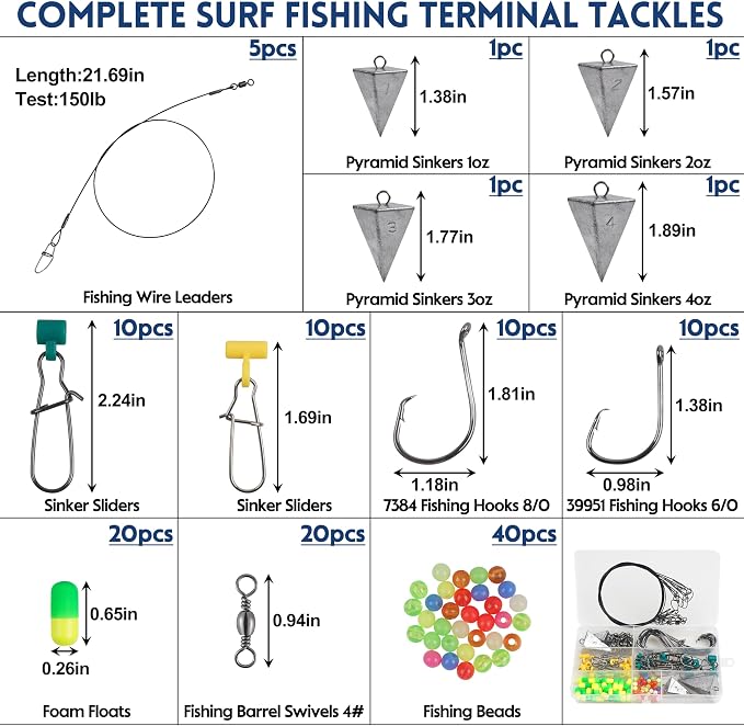 129pcs Surf Fishing Tackle Kit Fish Finder Rig Surf Fishing Rigs Include Pyramid Sinker Weights Sinker Slider Wire Leaders Hooks Swivels Beads Foam Floats Saltwater Fishing Accessories