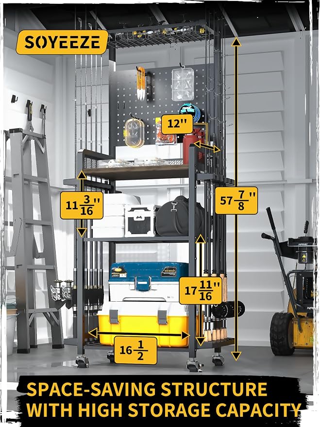SOYEEZE Fishing Rod Holders for Garage,Fishing Gear Holder for Fishing Rod Tackle Box Storage，Fishing Pole Holders for 12 Rods with Hooks and Pegboard,Fishing Cart with Reel Rack, Standard Size