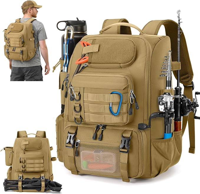 RAINSMORE Fishing Backpack with Rod Holders & Cooler 40L Water Resistant Tackle Backpack with Rain Cover Store Fishing Gear