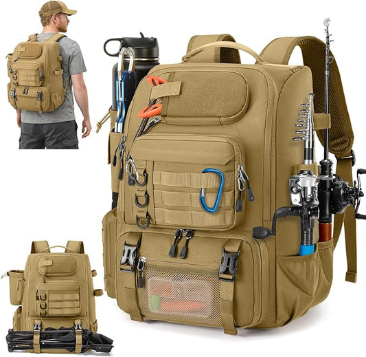 RAINSMORE Fishing Backpack with Rod Holders & Cooler 40L Water Resistant Tackle Backpack with Rain Cover Store Fishing Gear